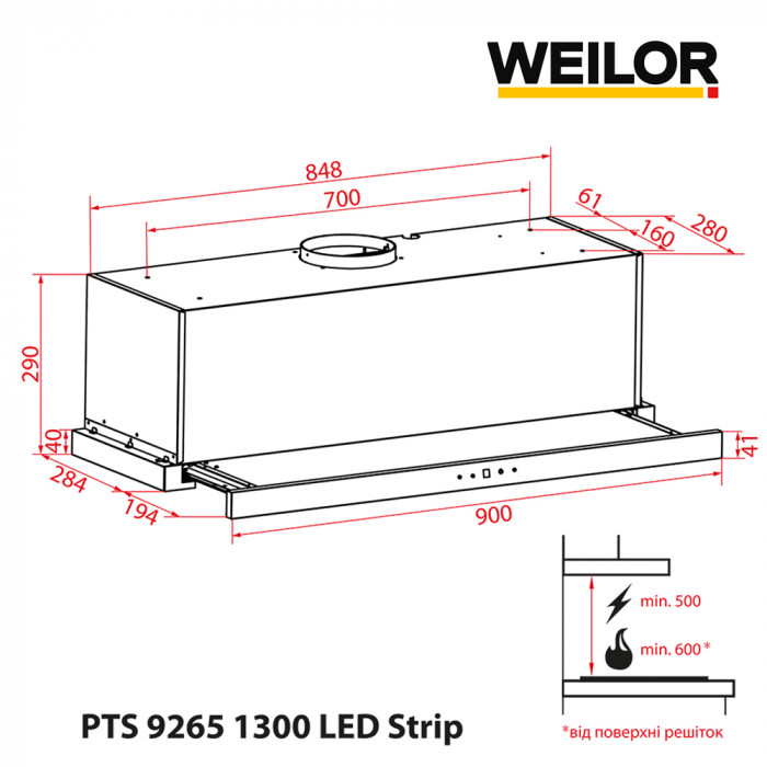Витяжка телескопічна WEILOR PTS 9265 WH 1300 LED Strip