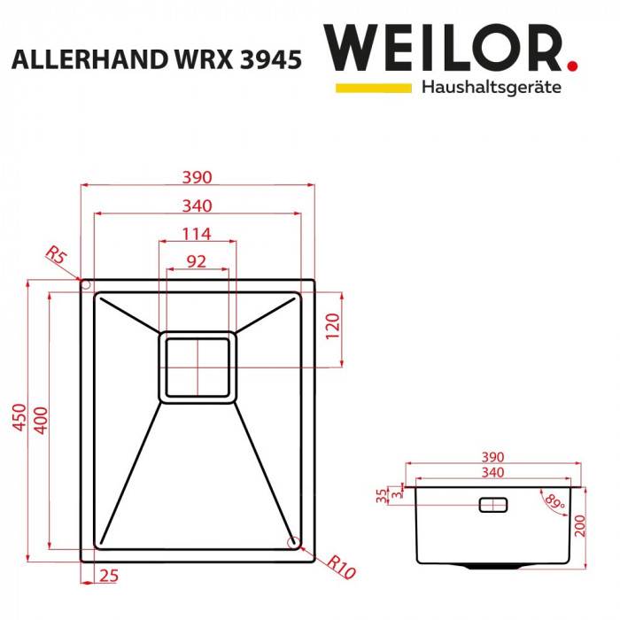 Мойка кухонная нержавеющая сталь WEILOR ALLERHAND WRX 3945