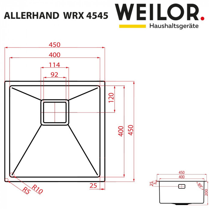 Мийка кухонна нержавіюча сталь WEILOR ALLERHAND WRX 4545