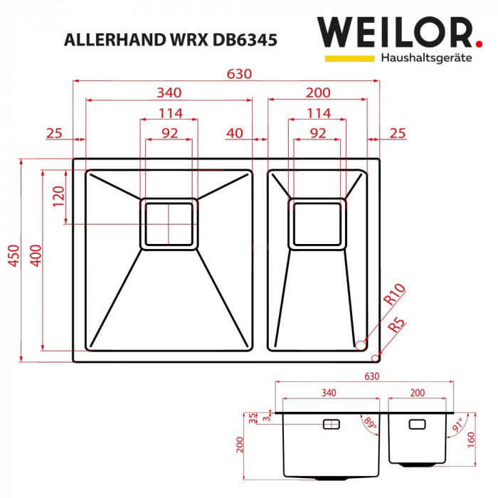 Мойка кухонная нержавеющая сталь WEILOR ALLERHAND WRX DB6345