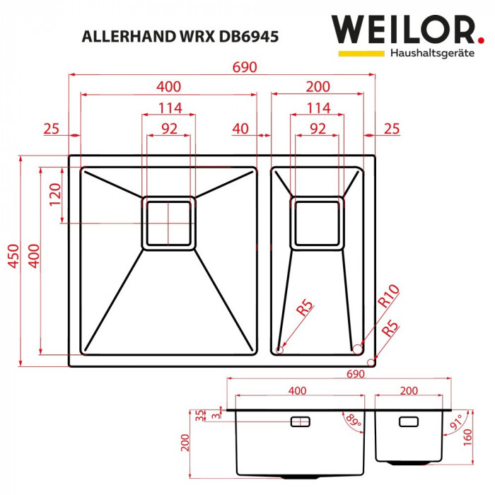 Мойка кухонная нержавеющая сталь WEILOR ALLERHAND WRX DB6945