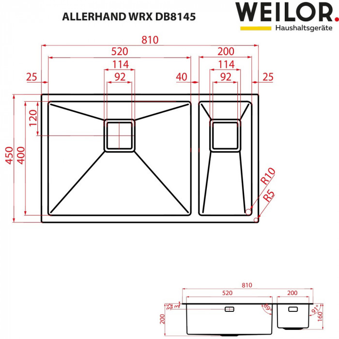 Мойка кухонная нержавеющая сталь WEILOR ALLERHAND WRX DB8145