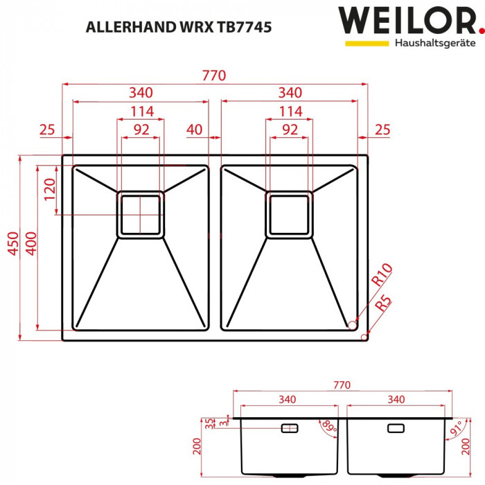 Мойка кухонная нержавеющая сталь WEILOR ALLERHAND WRX TB7745