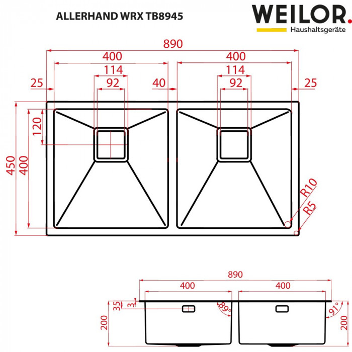 Мойка кухонная нержавеющая сталь WEILOR ALLERHAND WRX TB8945