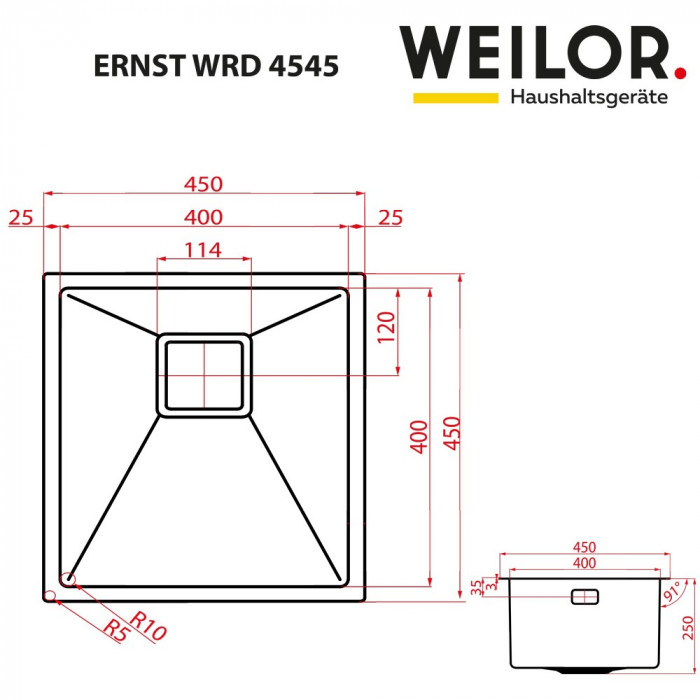 Мойка кухонная нержавеющая сталь WEILOR ERNST WRD 4545