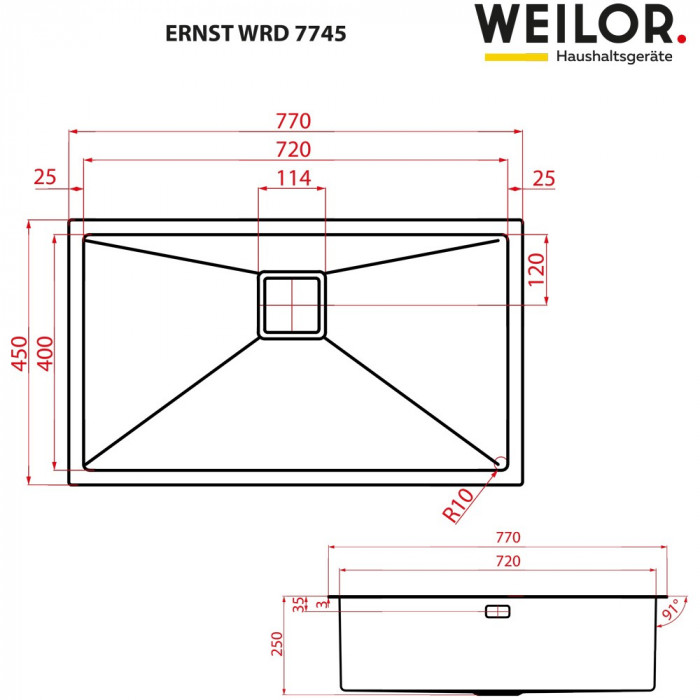 Мойка кухонная нержавеющая сталь WEILOR ERNST WRD 7745