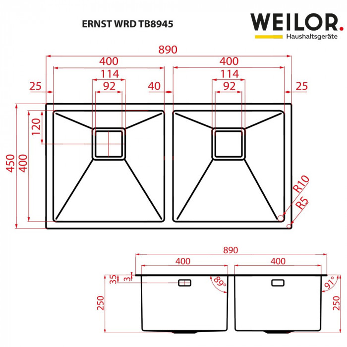 Мойка кухонная нержавеющая сталь WEILOR ERNST WRD TB8945