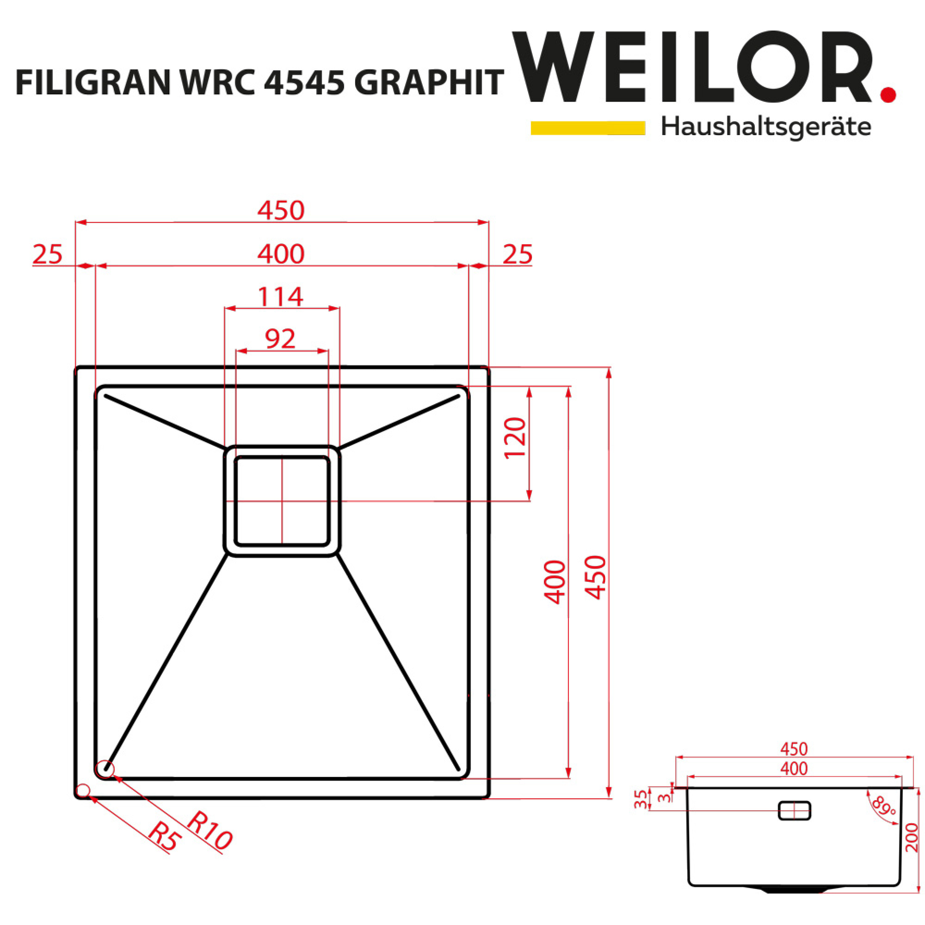 Мийка кухонна нержавіюча сталь WEILOR FILIGRAN WRC 4545 GRAPHIT - зображення 10