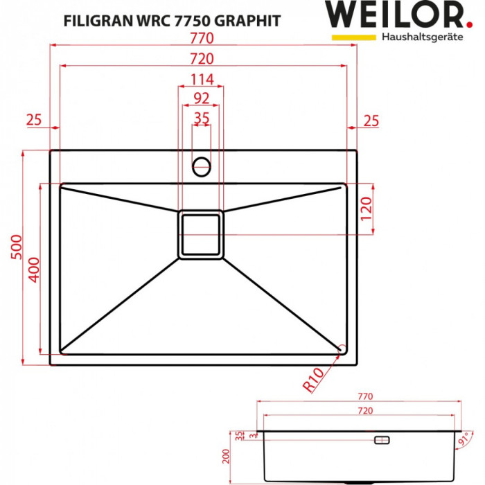 Мойка кухонная нержавеющая сталь WEILOR FILIGRAN WRC 7750 GRAPHIT
