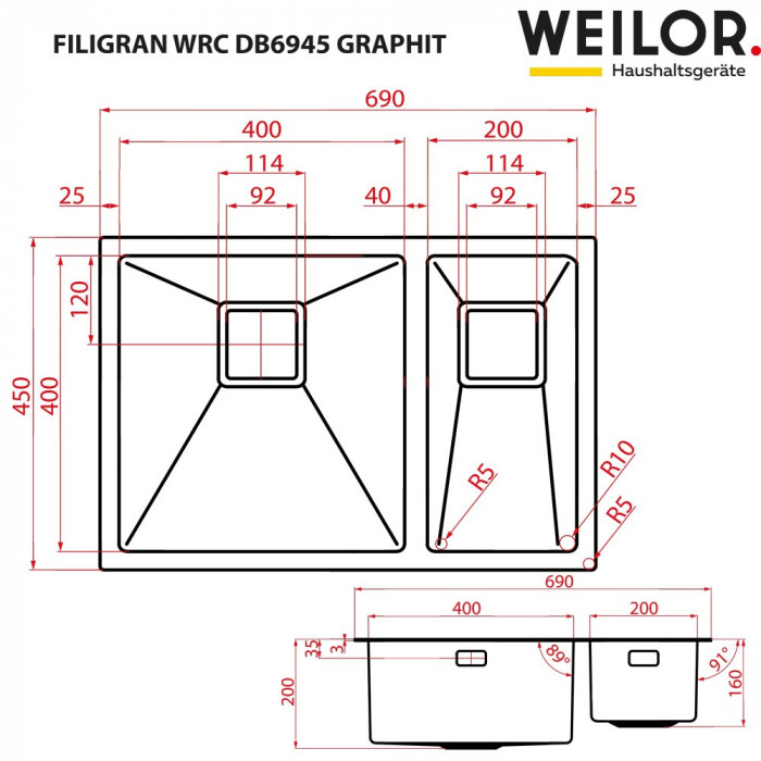 Мойка кухонная нержавеющая сталь WEILOR FILIGRAN WRC DB6945 GRAPHIT