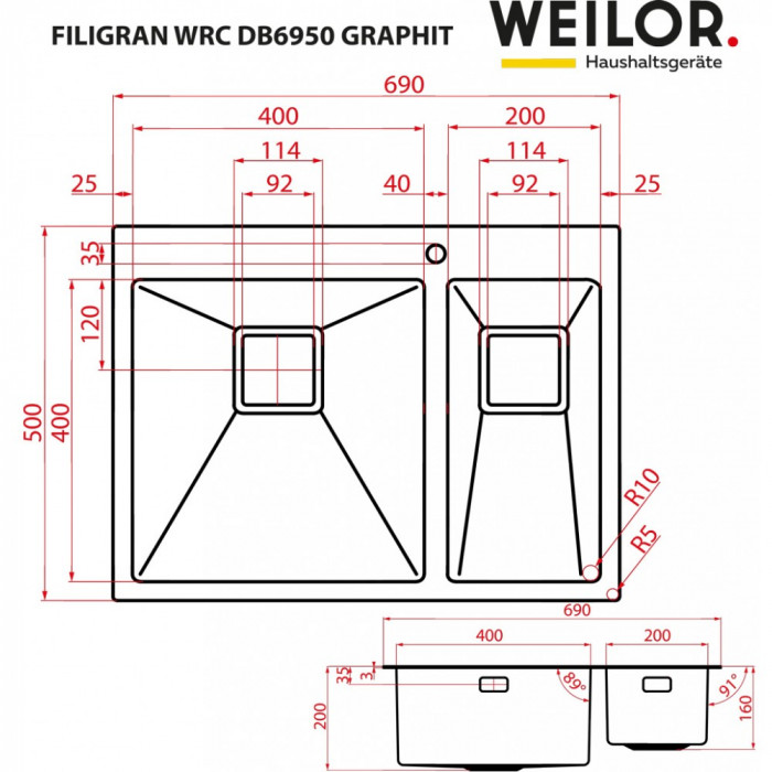 Мойка кухонная нержавеющая сталь WEILOR FILIGRAN WRC DB6950 GRAPHIT