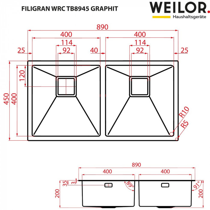 Мойка кухонная нержавеющая сталь WEILOR FILIGRAN WRC TB8945 GRAPHIT
