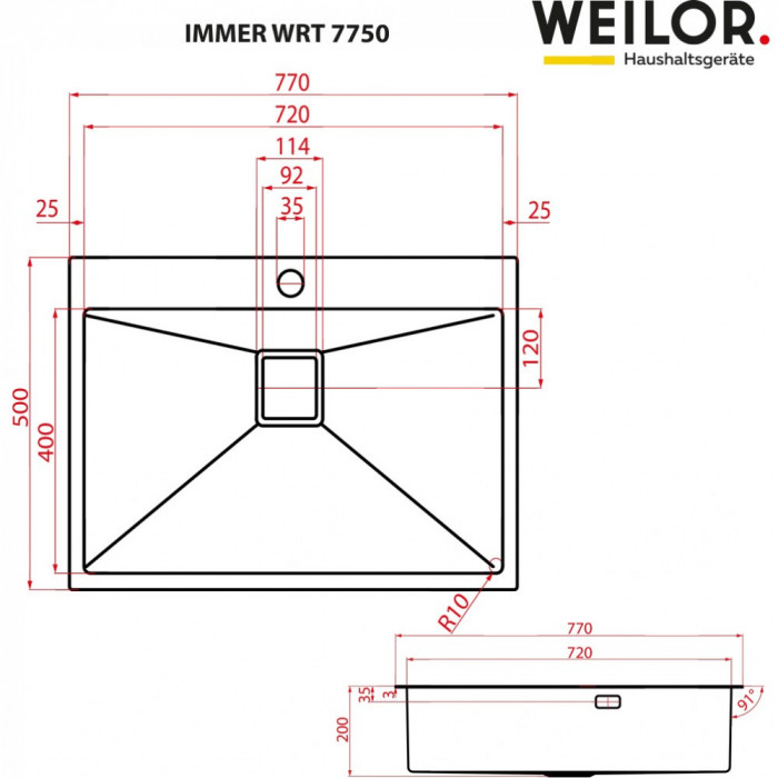 Мойка кухонная нержавеющая сталь WEILOR IMMER WRT 7750
