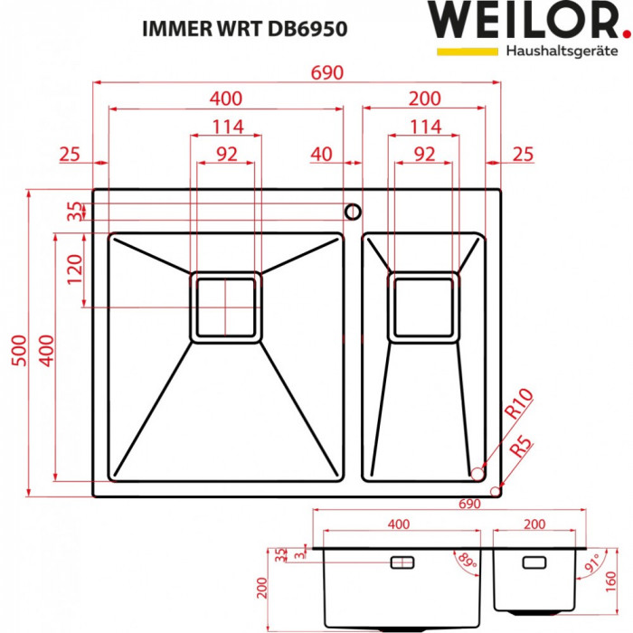 Мойка кухонная нержавеющая сталь WEILOR IMMER WRT DB6950