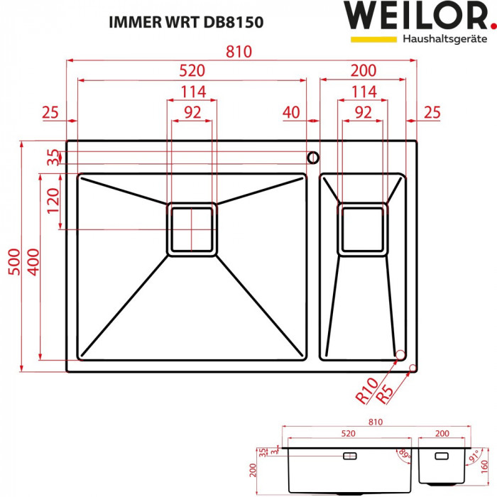 Мойка кухонная нержавеющая сталь Weilor IMMER WRT DB8150