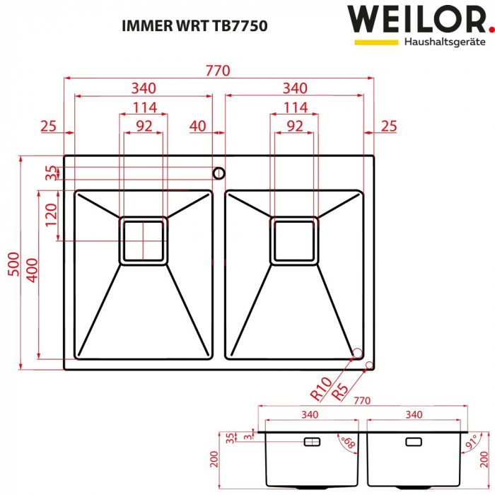 Мойка кухонная нержавеющая сталь Weilor IMMER WRT TB7750