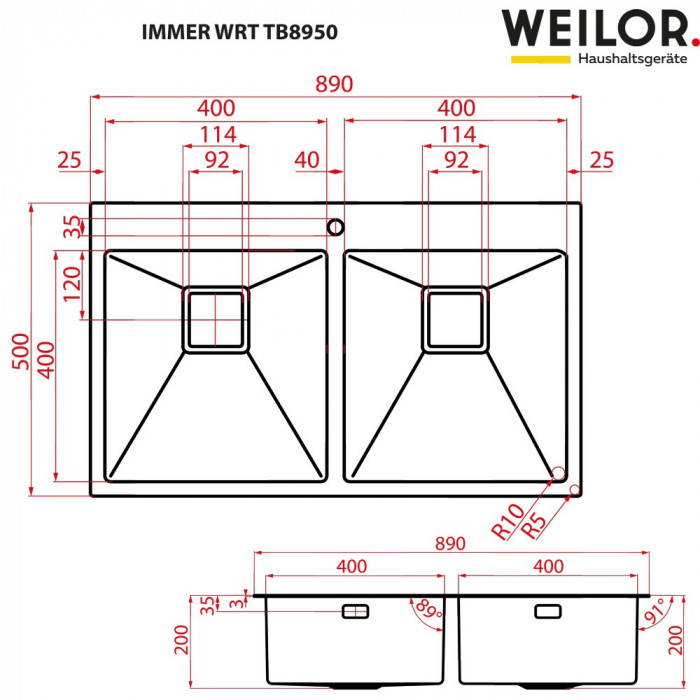 Мойка кухонная нержавеющая сталь Weilor IMMER WRT TB8950