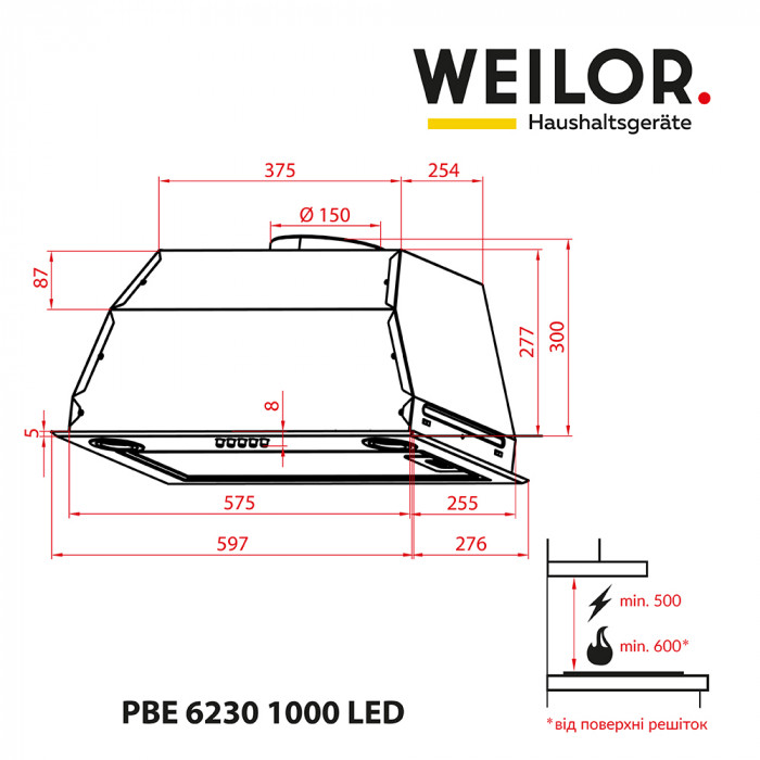 Вытяжка полновстраиваемая WEILOR PBE 6230 SS 1000 LED