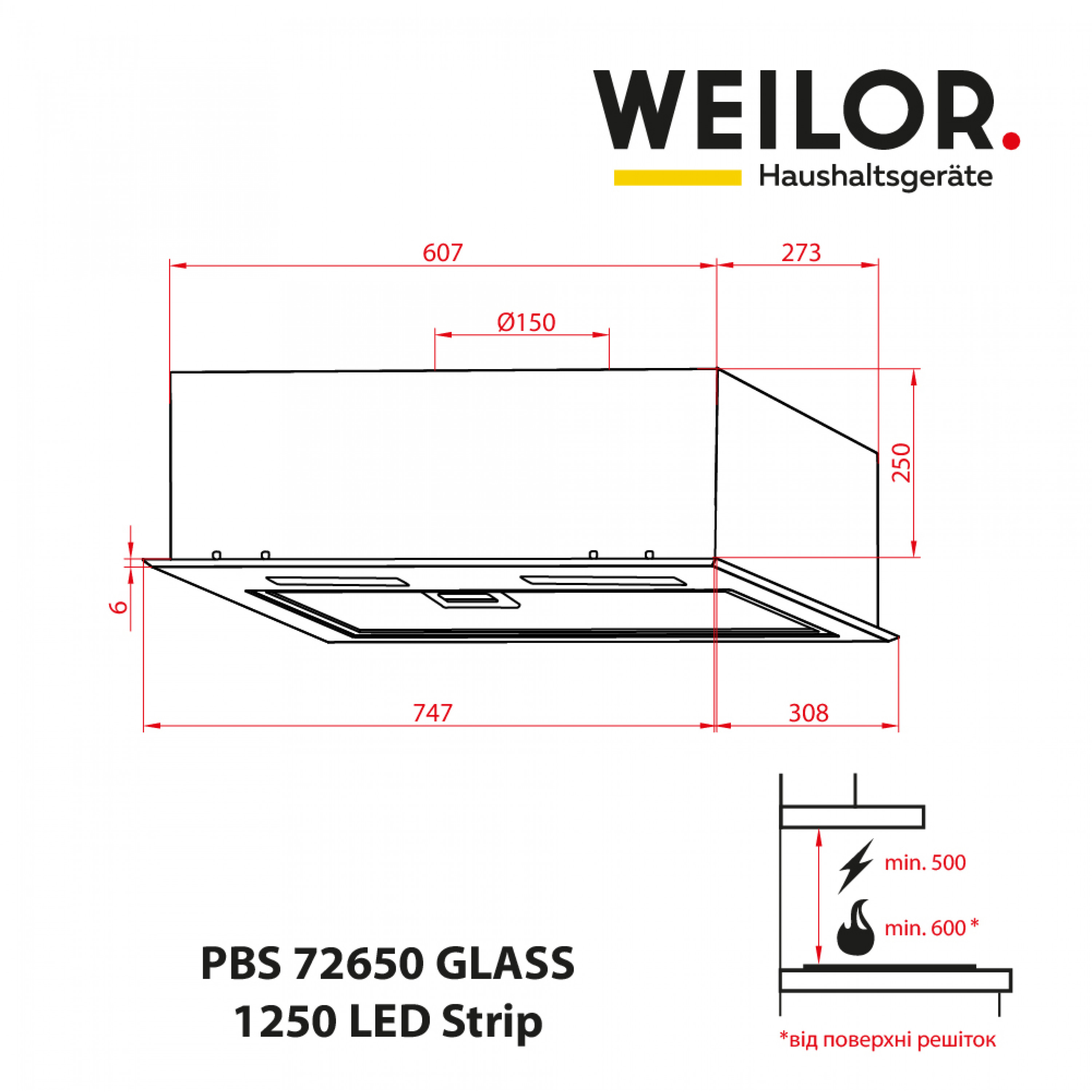 Витяжка повновбудована WEILOR PBS 72650 GLASS BL 1250 LED Strip - зображення 11