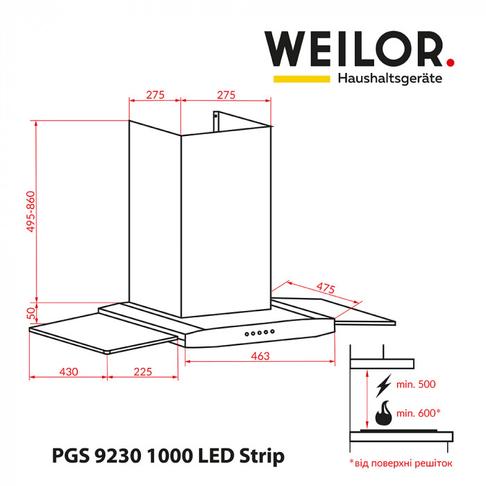 Декоративная вытяжка со стеклом WEILOR PGS 9230 IG 1000 LED Strip
