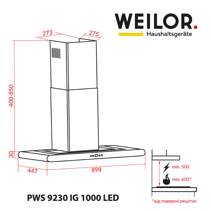 Вытяжка декоративная Т-образная WEILOR PWS 9230 IG 1000 LED
