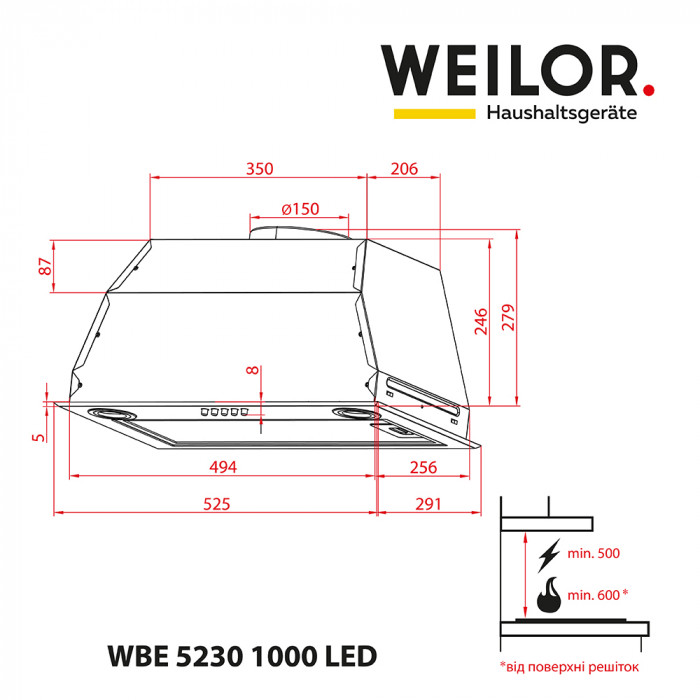 Вытяжка полновстраиваемая WEILOR WBE 5230 SS 1000 LED