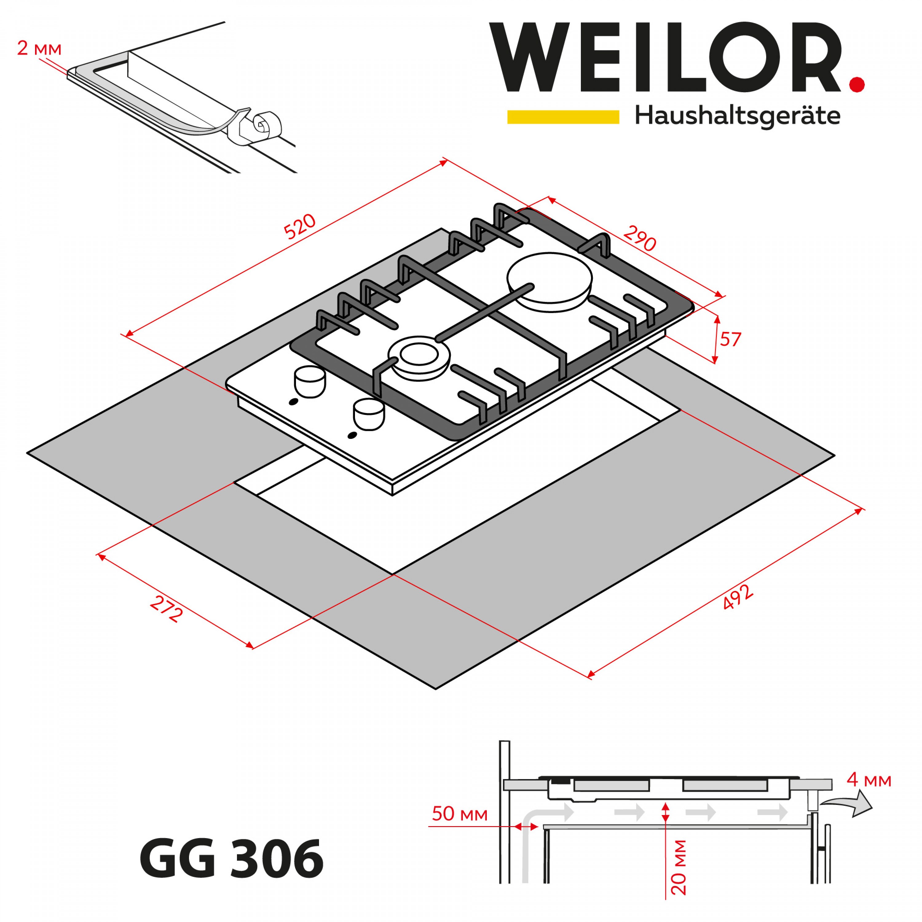 Поверхня газова Domino на склі WEILOR GG 306 WH - зображення 12