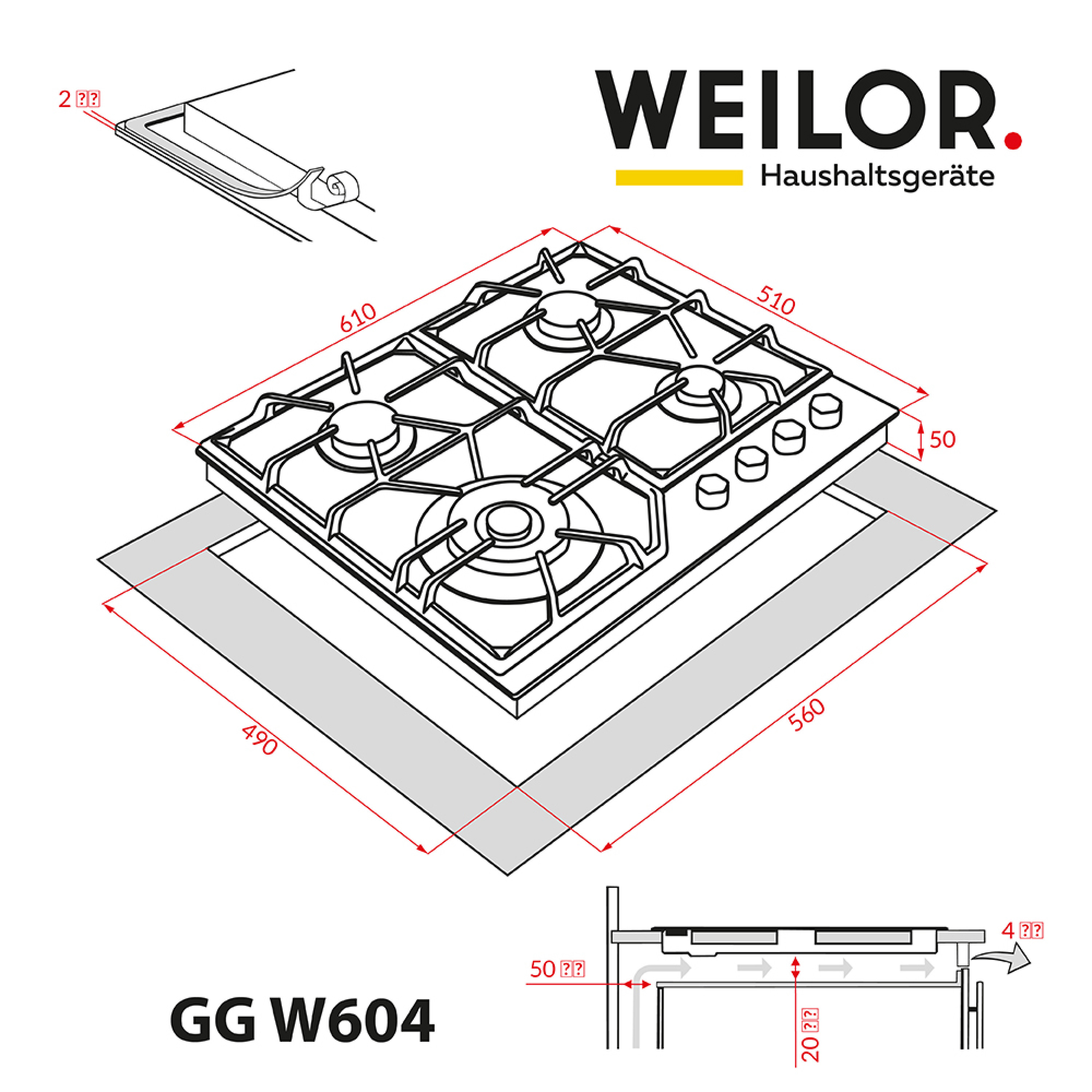 Поверхня газова на склі WEILOR GG W 604 WH - зображення 14