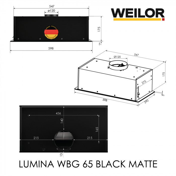 Витяжка повновбудована WEILOR LUMINA WBG 65 BLACK MATTE