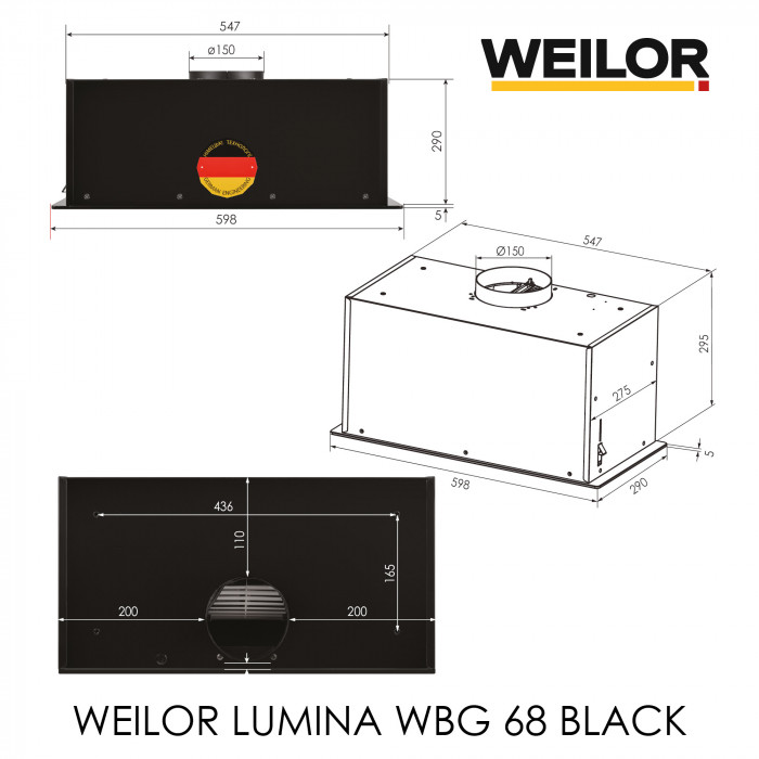 Вытяжка полновстраиваемая WEILOR LUMINA WBG 68 BLACK