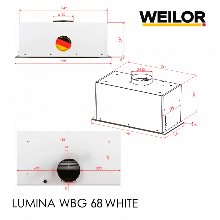 Вытяжка полновстраиваемая WEILOR LUMINA WBG 68 WHITE