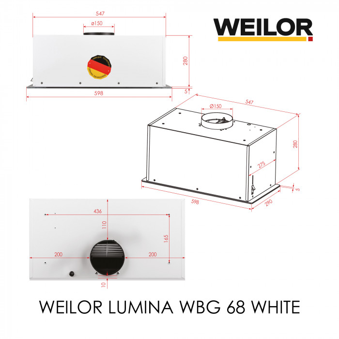 Вытяжка полновстраиваемая WEILOR LUMINA WBG 68 WHITE