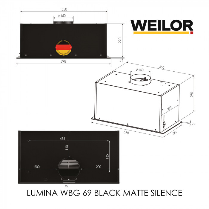 Витяжка повновбудована WEILOR LUMINA WBG 69 BLACK MATTE SILENCE