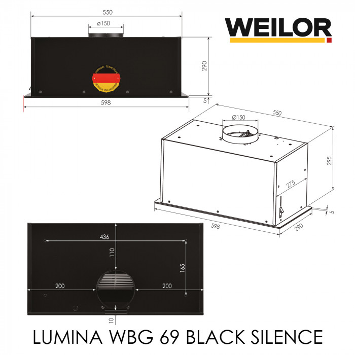 Витяжка повновбудована WEILOR LUMINA WBG 69 BLACK SILENCE