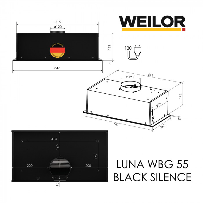 Витяжка повновбудована WEILOR LUNA WBG 55 BLACK SILENCE