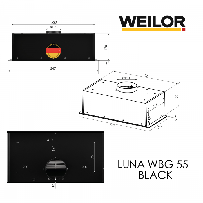 Вытяжка полновстраиваемая WEILOR LUNA WBG 55 BLACK