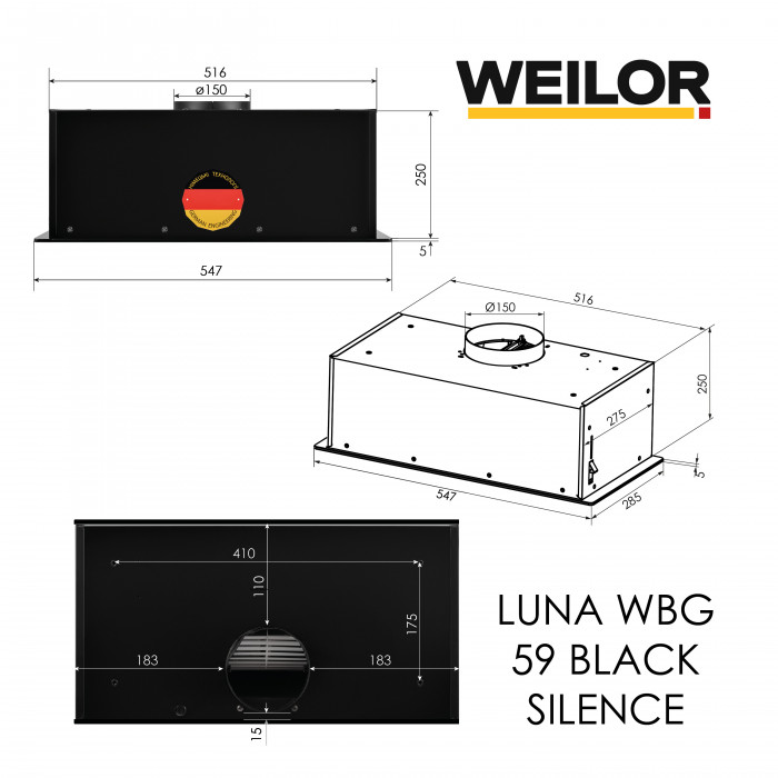 Вытяжка полновстраиваемая WEILOR LUNA WBG 59 BLACK SILENCE